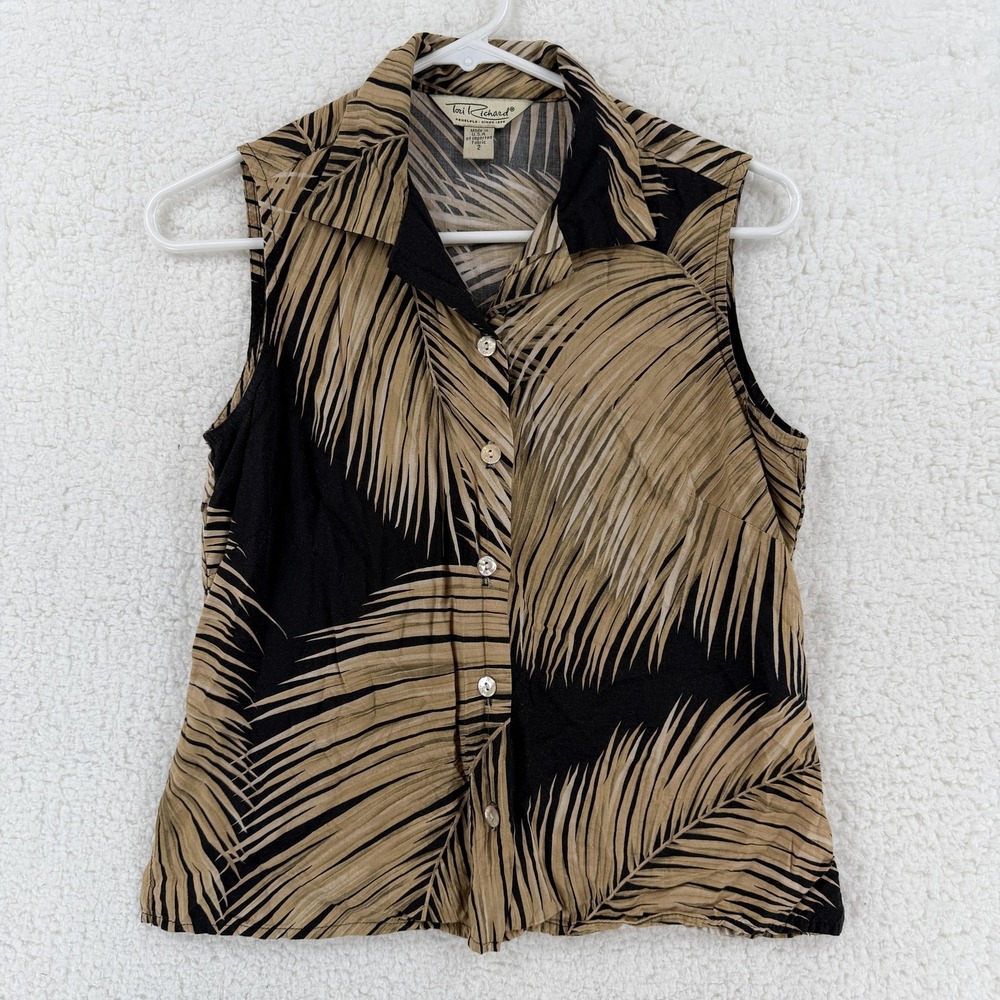 Tori Richard Shirt Womens 2‎ Black Tan Palm Leaf Hawaiian Button Sleeveless USA